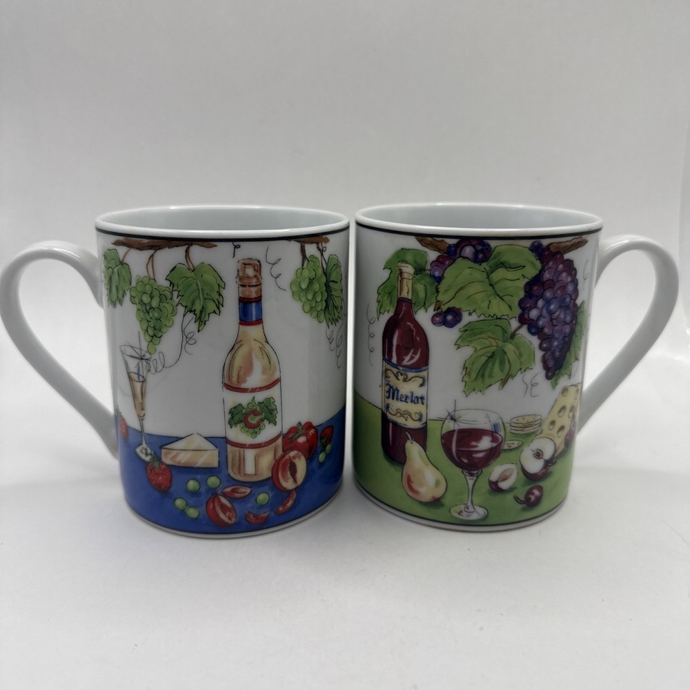 I. Godinger & Co Wine & Cheese Coffee Tea Mug Grape Vine Fruit Rare Set Of 2